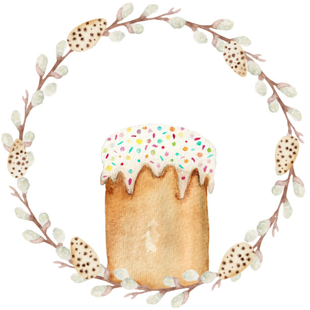 水彩插图，柳树框架鸡蛋和复活节蛋糕在白色的背景。用于各种复活节产品等。图片下载
