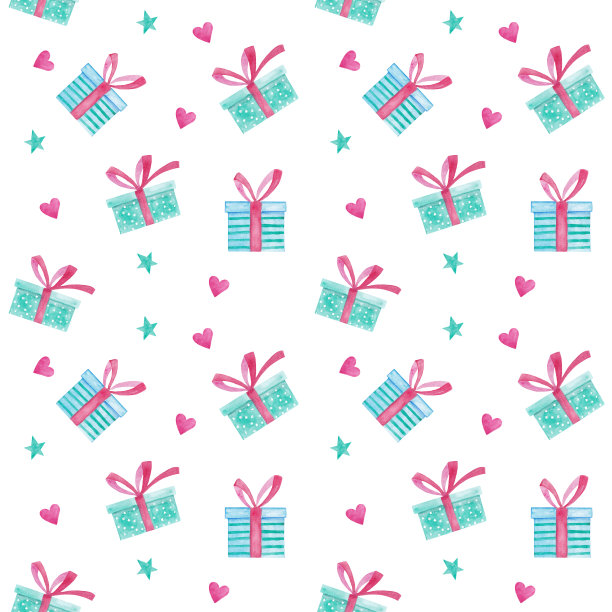 水彩无缝图案与圣诞礼物蓝色盒子。图片下载