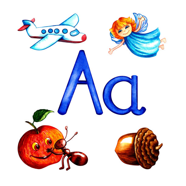 字母A大写和小写，带有儿童插图。水彩画，为字母图片下载