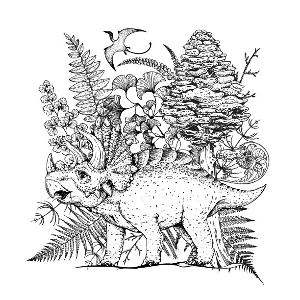 三角龙恐龙手绘草图。矢量插图。食草恐龙。图片下载