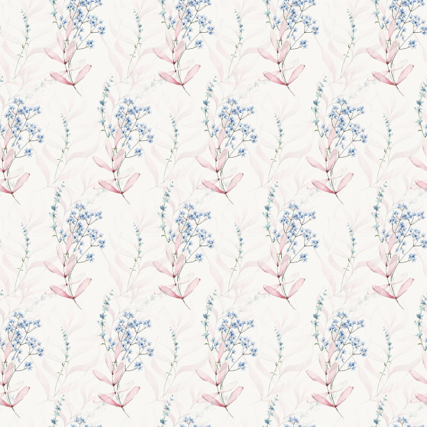 水彩花无缝图案。米色背景下粉红色的树枝和蓝色的花朵。图片下载