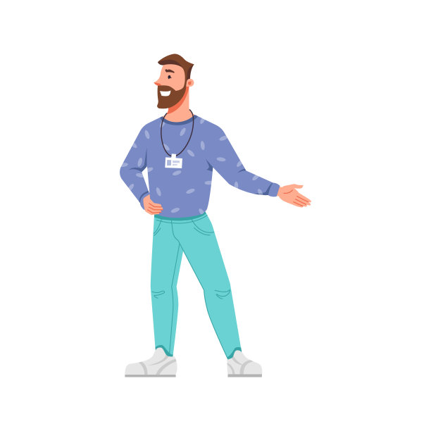 引导员或脖子上戴着徽章的商人指向一边。孤立的人物微笑和交谈，展示或博物馆。平面卡通人物，平面风格的矢量图片下载