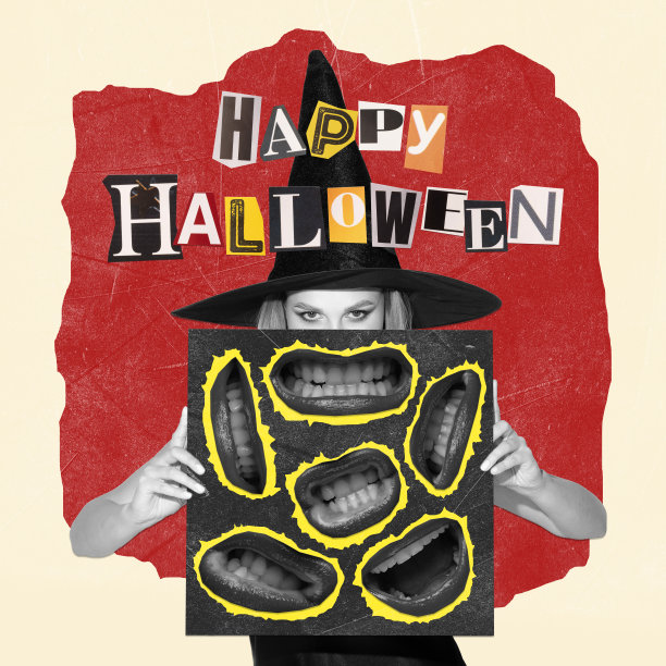 当代艺术拼贴。女巫形象中的女子选择了令人毛骨悚然的微笑。万圣节快乐图片下载