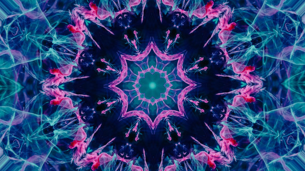 千变万化的背景。多颜色的设计。迪斯科曼荼罗光谱灯音乐会现场灯泡。装饰，马赛克，对称的概念。图片下载