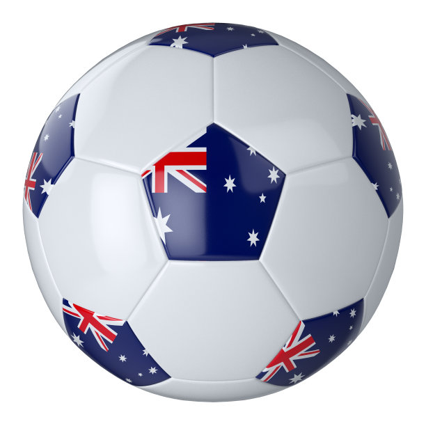 白色背景上有澳大利亚国旗的白色足球。孤立。皮革足球。经典的补丁球。国家的旗帜。3 d演示。图片下载