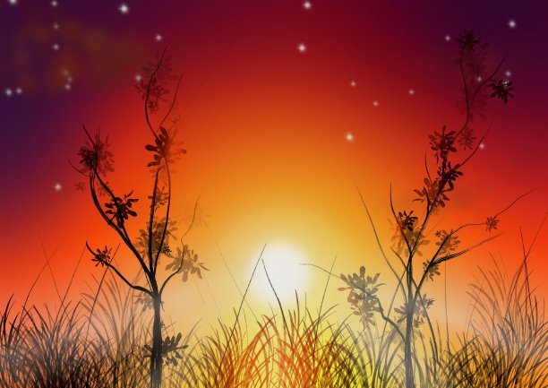 风景，手工插图的日落景观，手工插图。图片下载