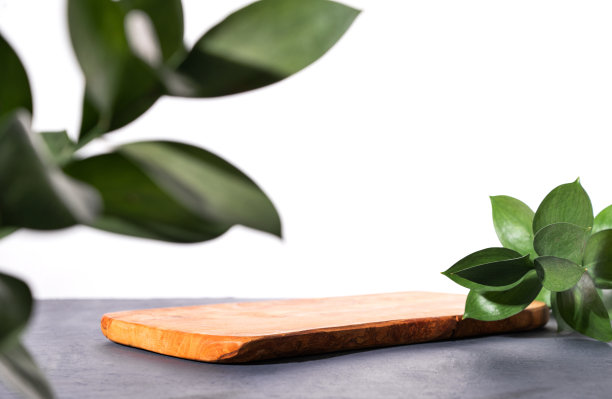 现代产品展示在灰色背景与树枝。木板讲台。图片下载