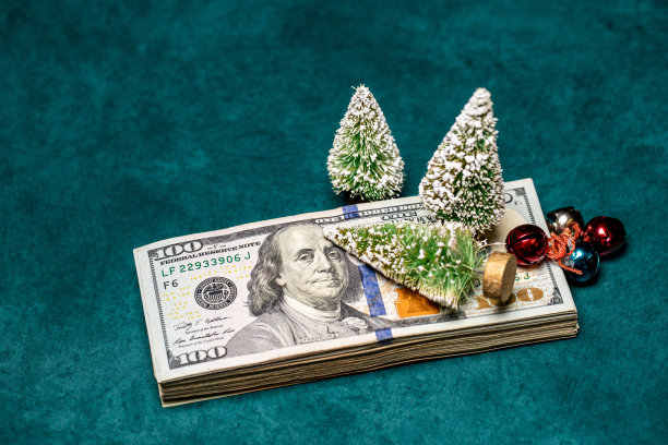 瓶子刷在百元美钞上的圣诞树图片下载