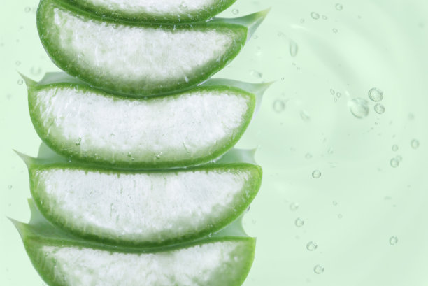 绿色背景上的切片芦荟和气泡。图片下载