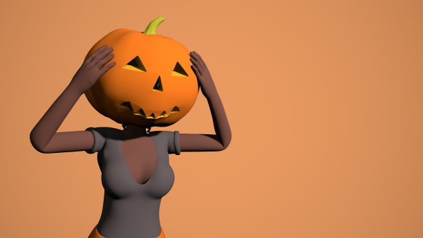 Ck女孩在她的头上有一个南瓜在橙色背景上3d渲染图片下载