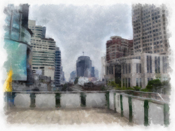 城市火车站景观水彩画风插图印象派绘画。图片下载