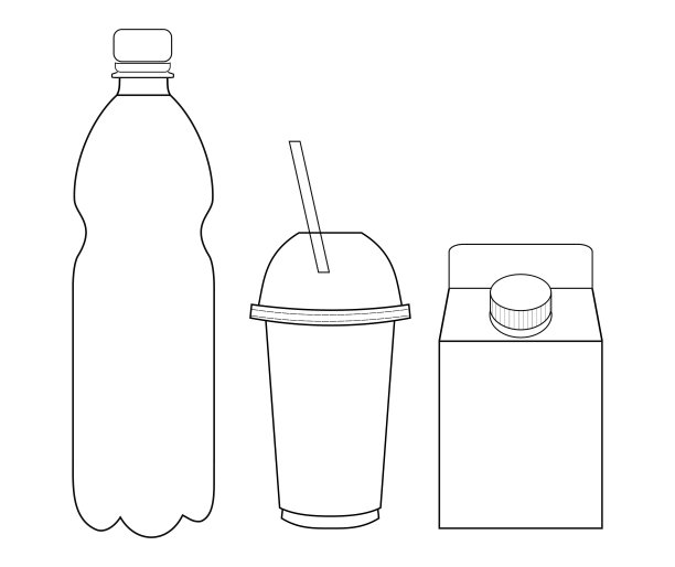 一套塑料物品(瓶子，带走杯，牛奶盒)。线性向量插图。为设计，标志，海报，印刷品，模型，模板。购买的概念图片下载