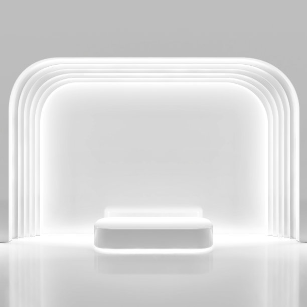 拱门白色平台讲台荧光灯干净凉爽明亮的实验室。未来的辉光明亮闪烁线性产品展示架。用于美容、化妆品或皮肤护理的底座。图片下载