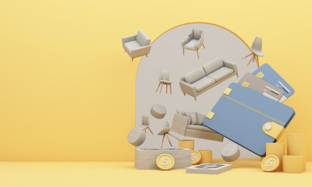 通过信用卡现金在网上购买家具和家居装饰。选择网上购物家具。用AR应用模拟家具，设计出逼真的产品。三维渲染图片下载