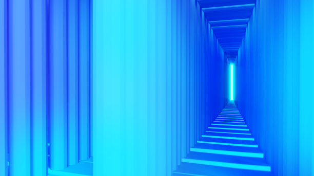 柱子结构和光通道走廊的抽象背景。，蓝色渐变柱结构，大结构之谜，3d渲染图片下载