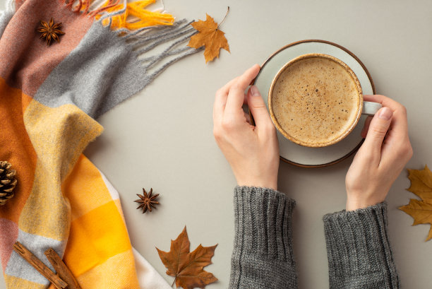 秋天的概念。第一人称俯视图照片的女性手在毛衣拿咖啡杯在碟子格纹围巾黄色枫叶八角松果和肉桂棒在孤立的灰色背景图片下载