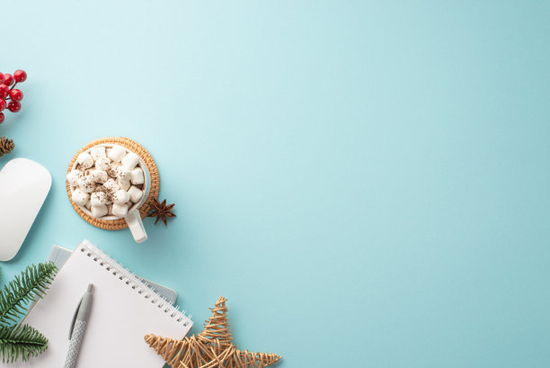 冬季的概念。顶视图照片的电脑鼠标杯热喝棉花糖笔记本柳条星槲寄生浆果和松树枝上孤立的柔和的蓝色背景与copyspace图片下载