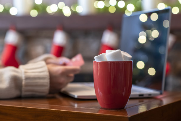 女人拿着信用卡用笔记本电脑做订单坐在桌子上一杯热可可和棉花糖圣诞壁炉装饰的灯泡。关闭了。图片下载