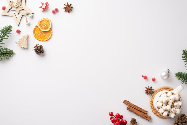 圣诞装饰的顶视图照片木明星装饰小玩意杯饮料与棉花糖松果树枝槲寄生肉桂干橙片在孤立的白色背景与空白图片下载