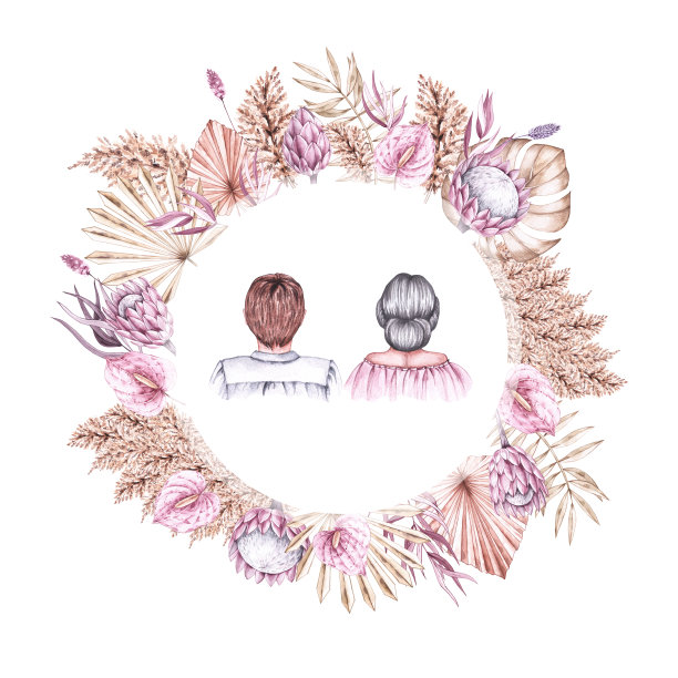 用热带画框画的新娘和新郎的水彩画图片下载