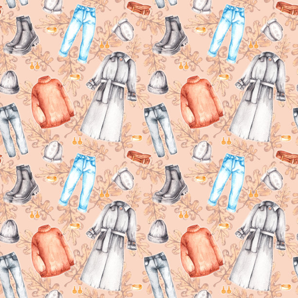 水彩图案与秋天温暖的衣服和树叶图片下载