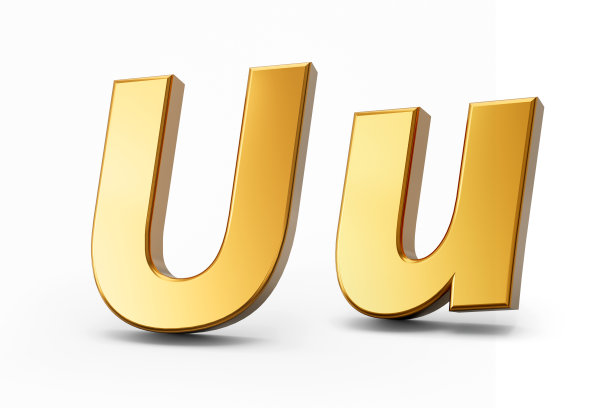 3d字母U在金色金属上白色孤立的背景，大写字母和小字母3d插图图片下载