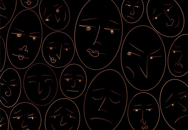 在黑色背景上有许多不同情绪的面孔，如愤怒、悲伤、快乐、嫉妒、幸福、厌恶、兴奋、同情等。人类不同情感的概念图片下载