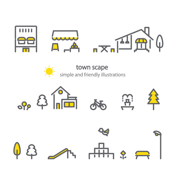 城镇建筑集合，简单的轮廓插画图片下载