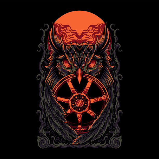 彩色猫头鹰拥抱汽车轮辋圆背景t恤的设计图片下载