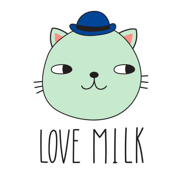 可爱的猫在帽子和字母爱牛奶。涂鸦风格。矢量图图片下载