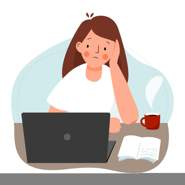 带着笔记本电脑的女学生做难的家庭作业。用笔记本的学生投入，学习困难。矢量平面插图。图片下载