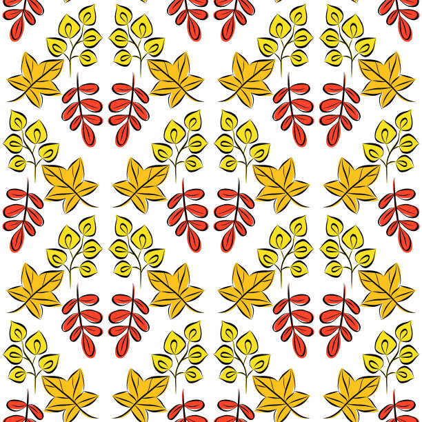 色彩缤纷的秋季无缝图案与树叶。简单的卡通扁平风格。矢量插图。橙色,红色,黄色。图片下载