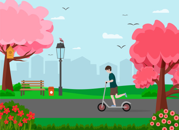 那个男孩正在骑摩托车。城市公园——树木，一盏灯笼和一条长凳，鸟儿。矢量插图。图片下载