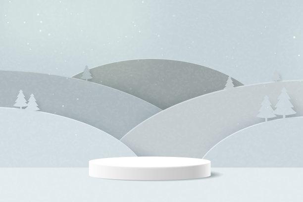 3d剪纸抽象最小几何形状模板背景。白色圆柱裙台上的山景。最小的冬季场景背景。矢量插图。图片下载
