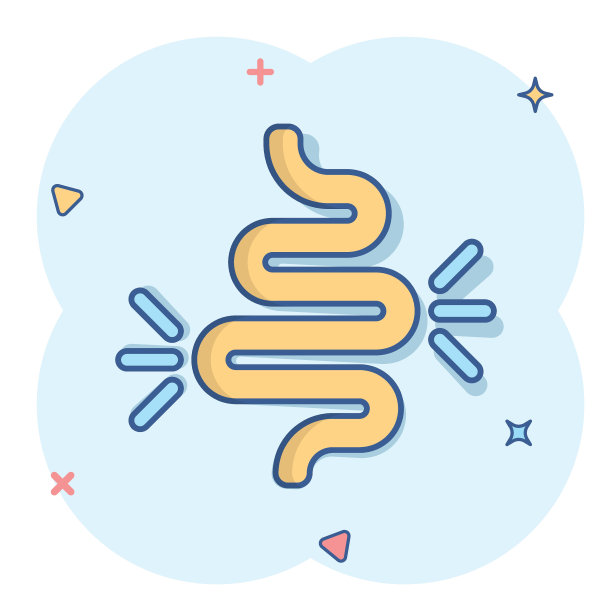 肠便秘图标在漫画风格。结肠炎矢量卡通插图在白色孤立的背景。胃商概念飞溅效应。图片下载