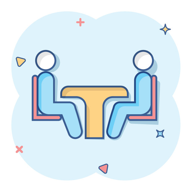 商业咨询图标在漫画风格。两人与表矢量卡通插图白色孤立的背景。餐厅对话经营理念飞溅效果。图片下载