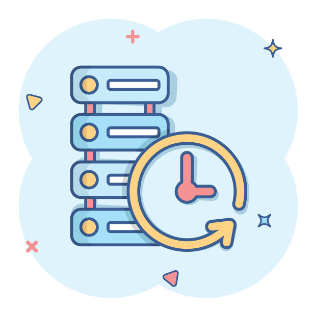 漫画风格的数据中心图标。时钟矢量卡通插图在白色孤立的背景。手表商业理念水花效应。图片下载