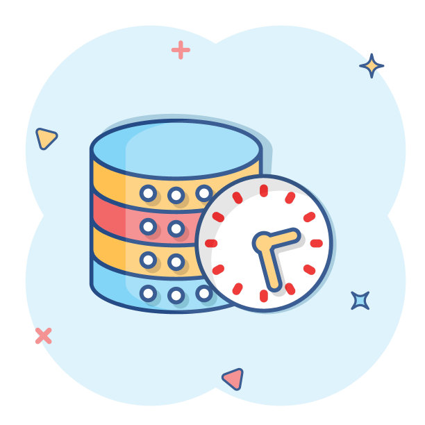 漫画风格的数据中心图标。时钟矢量卡通插图在白色孤立的背景。手表商业理念水花效应。图片下载