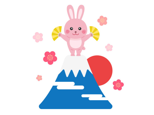 富士山山顶上一只兔子手拿折扇的插画。图片下载