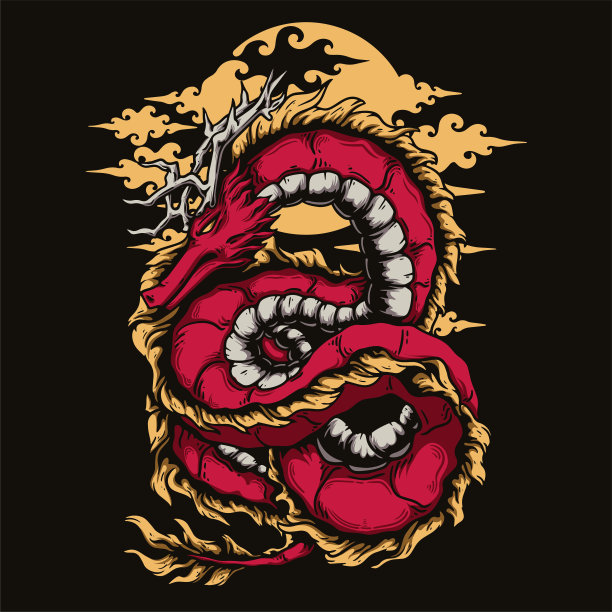 矢量插图彩色飞龙与云背景复古插图图片下载