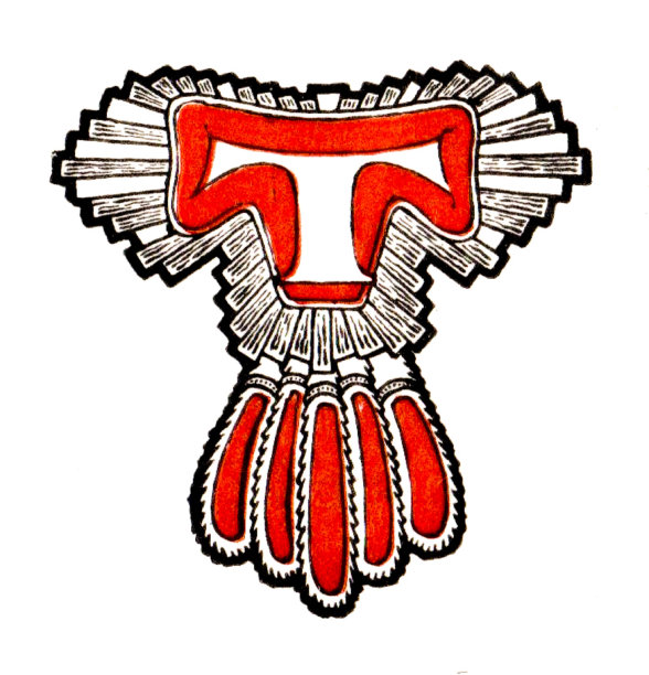 字母T为托尔特克雕塑，阿兹特克羽毛设计，彩色图像图片下载