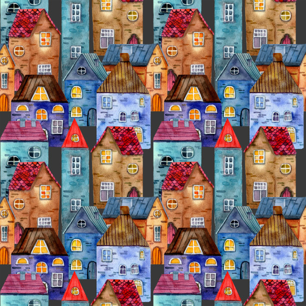 无缝图案与手绘中世纪房屋。石头房子。老欧洲小镇街景。图片下载