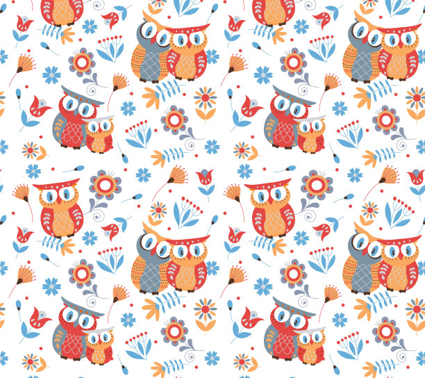 无缝模式与彩色猫头鹰在白色背景图片下载