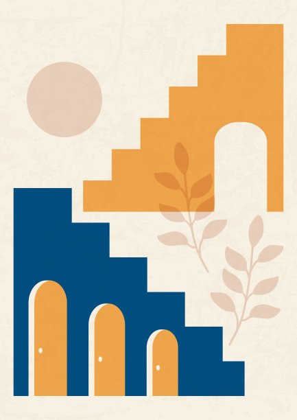 建筑元素和树叶海报插画。图片下载