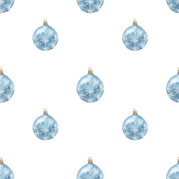 白色背景的深蓝色圣诞饰品无缝水彩图案图片下载