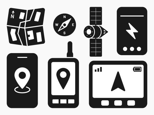 便携式GPS导航系统罗盘电池形状图标矢量平面插图图片下载