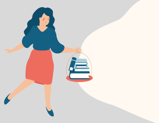 女人用一堆书照亮她面对未来的路。女性利用自己的知识在事业上向前迈进。成功的道路。图片下载