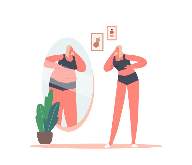 厌食症和暴食症的概念。瘦女孩看着镜子里的自己，发现自己胖了。饮食失调，减肥图片下载