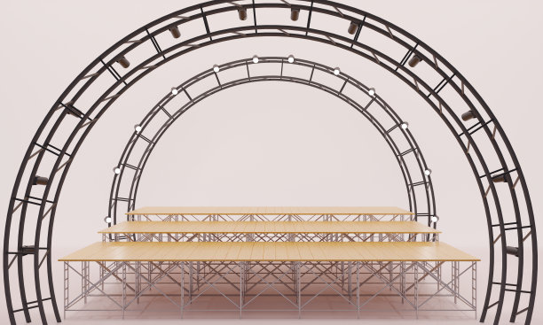 木质舞台和扬声器，聚光灯在白色背景的桁架系统上。3 d提供。图片下载
