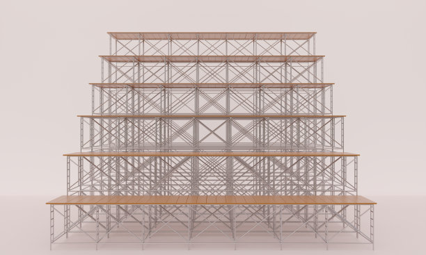 木质舞台和扬声器，聚光灯在白色背景的桁架系统上。3 d提供。图片下载